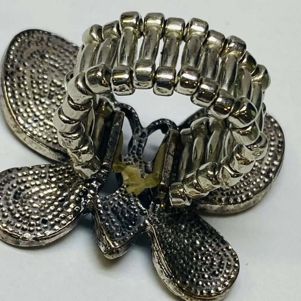 Ring Stretch Butterfly Shape Women Rhinestone Accents Enamel Silver Color Metal - Picture 10 of 16